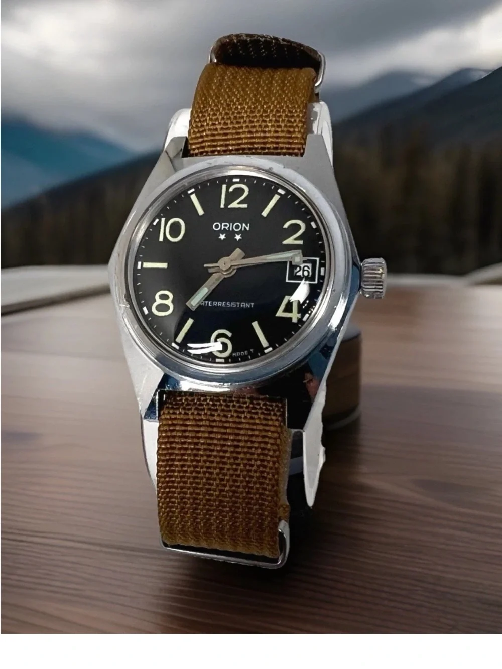 Orion Black Dial Men’s Watch with Brown Nylon Strap